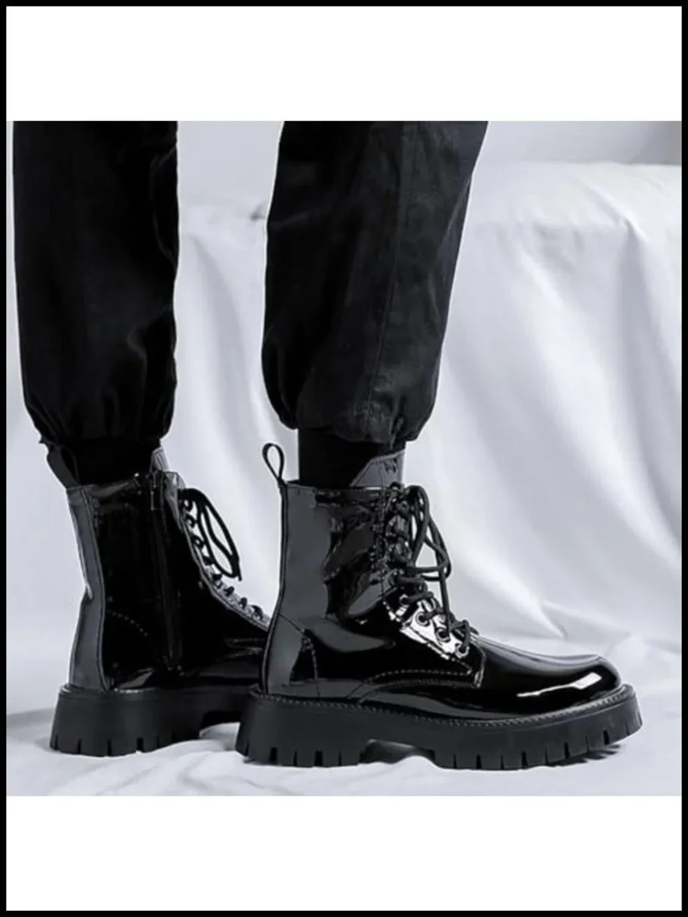 Patent Leather Platform Combat Boots Lace Up Side Zipper Chunky Lug Sole Ankle